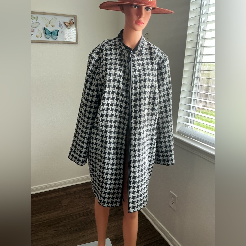 Kasper Houndstooth Coat Black White Long Jacket Size 16